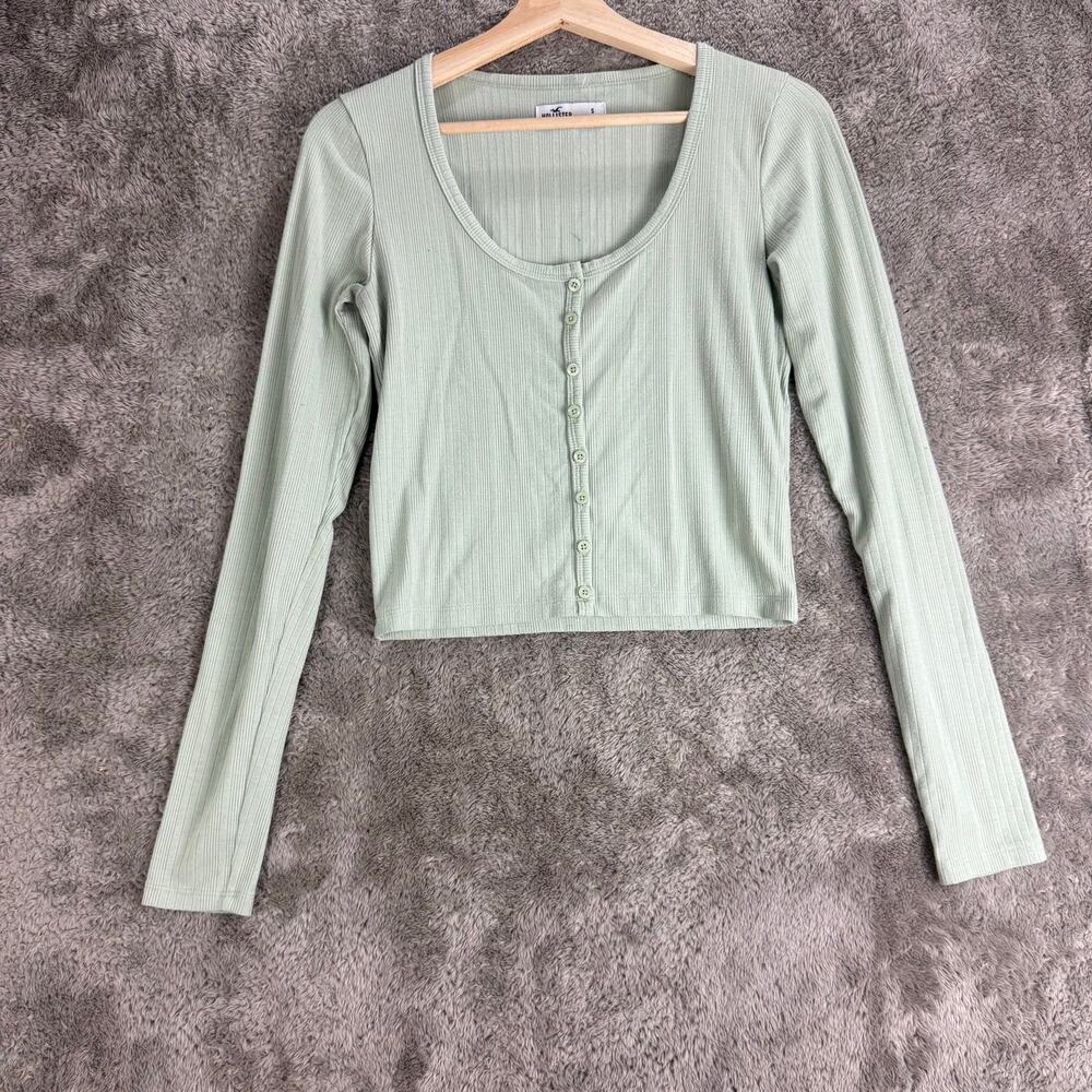 Hollister Mint Green Ribbed Cropped Button Down T Shirt Long Sleeve Top S Small